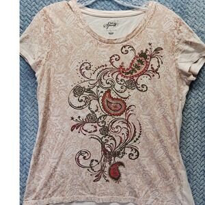 Style & Co Sport Womens‎ Petite Large Pink Paisley Embellished Cotton T-Shirt L